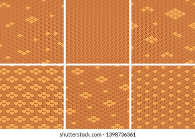 Set of seamless patterns in chinese style. Dark yellow oriental backgrounds.