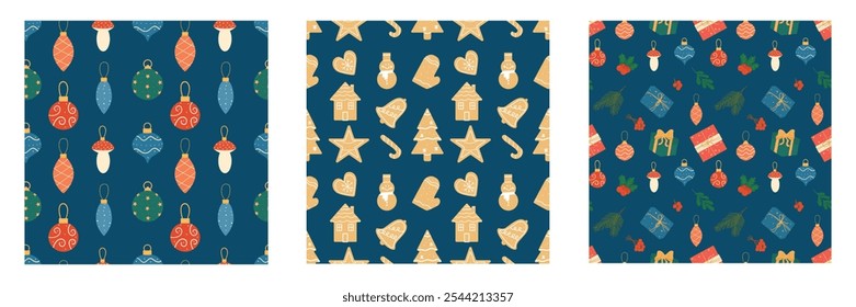 Set of seamless patterns with Christmas balls, berries, gift boxes, Christmas gingerbread cookies. Traditional New Year's symbols. Vector pattern, background. Design of wallpaper, paper, textiles.