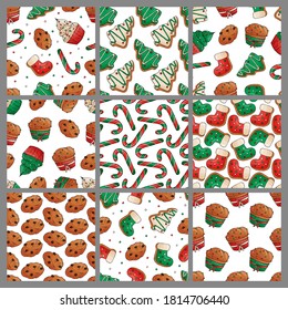 Set of seamless patterns with Christmas deserts on white background. New year gingerbread, cakes and candy. Endless print. Vector illustration. 