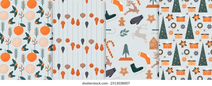 Set of seamless patterns. Christmas design. Orange-green tones