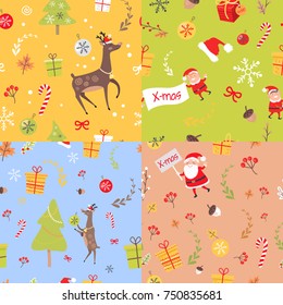 Set of seamless patterns with Christmas elves, Santa Claus wishing Merry Christmas, reindeer Rudolph, decoration elements and fir tree with gift boxes and sale tags near sweet candies endless vector