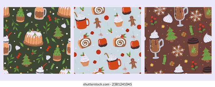 Set of seamless patterns with Christmas food and drinks. Vector graphics.