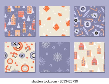 Set of seamless patterns for Christmas and New Year with buildings, decorations, gifts and snowflakes. Vector texture for holiday design