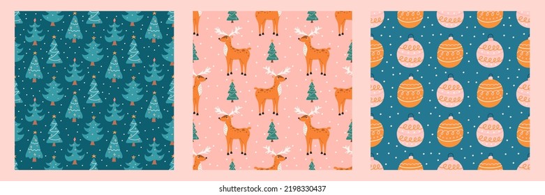 Set of seamless patterns for Christmas and New Year. Vector cute holiday backgrounds.