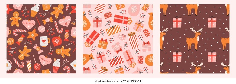Set of seamless patterns for Christmas and New Year. Vector cute holiday backgrounds.
