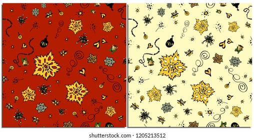 Set of seamless patterns with Christmas objects in red, yellow, beige. Drawn with a pen these are firecrackers, glasses, outerwear from snowflakes and festive attributes of the new year and Christmas