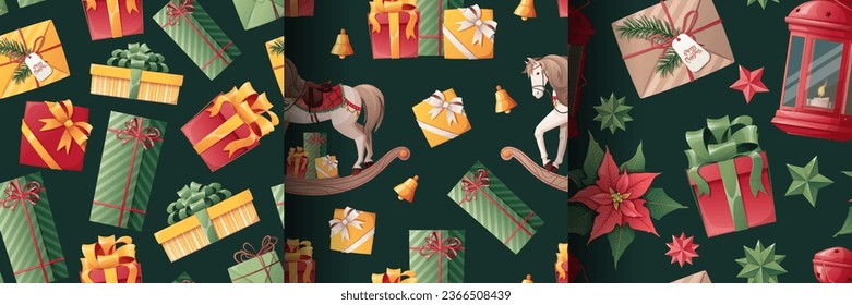 Set von nahtlosen Mustern für Weihnachten. Textur mit Urlaubskisten, Schaukelpferd, Bögen, Laterne. Gut geeignet für Tapeten, Wickelpapier, Stoff, Textilien usw.