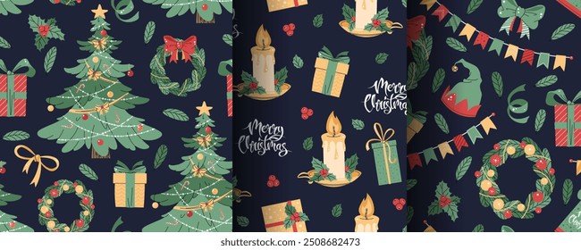 Set of seamless patterns with Christmas tree, candle, wreath and gifts. Vector holiday texture in flat style. Merry Christmas and Happy New Year. Suitable for wallpaper, wrapping paper, fabric, etc.