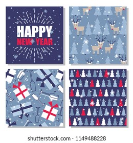 Set of seamless patterns with christmas trees, snow, deers. Colorful background. Decorative wallpaper for printing. Vector illustration design. Hand drawn backdrop. Merry xmas style. Happy New Year
