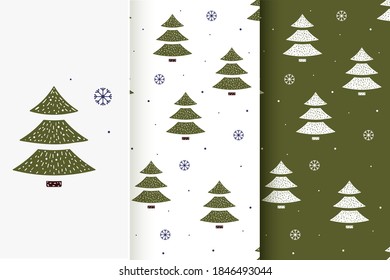 Set of seamless patterns of Christmas trees and snowflakes in flat style. Collection of cards with traditional Christmas elements.