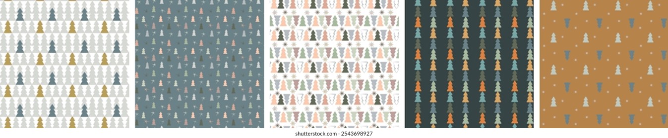 Establecer patrones sin fisuras de árboles de Navidad en estilo boho para el año Nuevo y la decoración de Navidad