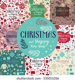 Set of seamless patterns for Christmas in vector. Red and green gifts, toys, branches and snowflakes. Festive pattern for design of invitations, greetings, fabric, wrapping paper