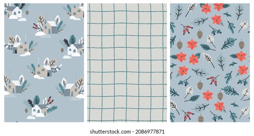 Conjunto de patrones sin fisuras para papel de envoltura de Navidad. Antecedentes de casas de campo, Poinsettia, bayas, hojas