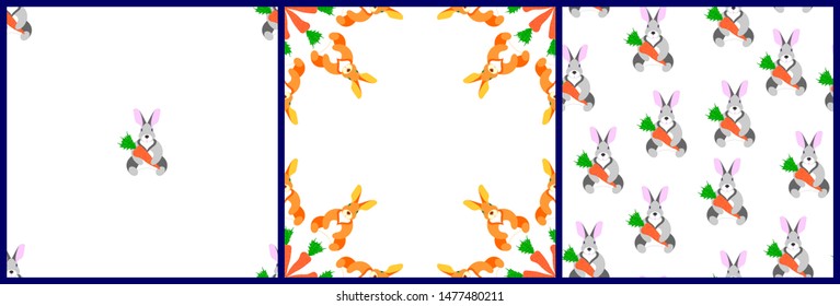 Set of seamless patterns. Chubby rabbit with carrot