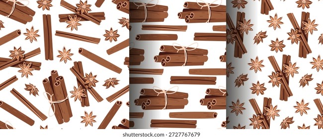 Set von nahtlosen Mustern mit Zimtstangen und Sternanis im flachen Stil. Gemütliche Holiday Spice Textur für Geschenkverpackung, festliche Verpackung, saisonale Tapete, Textil und Home Decor.