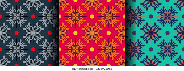 Set of seamless patterns with circles, openwork oriental ornament, bright texture for fabric, wrapping paper, wallpapers. Vector repeating background of geometric shapes