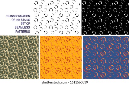 Set seamless patterns with circles spots. Transformation of ink stains. Hand drawn vector illustration.