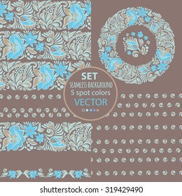 Set of seamless patterns and circular patterns. Stylized Russian painting. Floral ornament of stylized leaves, flowers and twigs.For printing on fabric, wrapping paper and textiles.5 spot color.