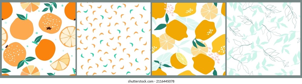A set of seamless patterns of citrus fruits and simple abstract shapes. Print with lemons and oranges. Vector graphics.