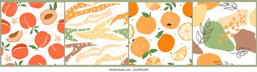 A set of seamless patterns of citrus fruits and simple abstract shapes. Print with peaches and oranges. Vector graphics.