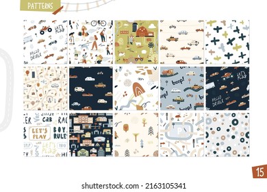 Set of seamless patterns city life. Cartoon funny illustration isolated on white background. Vector art collection