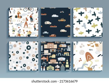 Set of seamless patterns city life. Cartoon funny illustration isolated on white background. Vector art collection