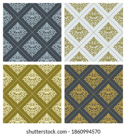 Set of seamless patterns with classic ornament. Elegant royal style. Dark and light blue, gold color. Endless repeating texture for wallpaper, textile, wrapping paper, fabric, web. Vector illustration