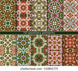 Set of seamless patterns in the classical style for the Christmas or festive wrapping paper. Ornaments with oriental motifs. Suitable for textiles, scrapbooking or your design. Vector illustration.