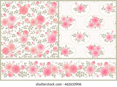 Set of seamless patterns with climbing roses. Shabby chic style floral backgrounds and border. Vector illustrations.