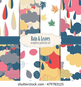 Set of seamless patterns with clouds and rain. Rain season vector illustrations.