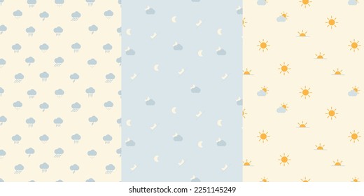 Set of seamless patterns with clouds and suns. Children's backgrounds