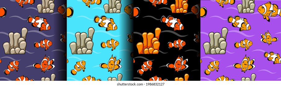 Set of seamless patterns with clown fishes. Marine motive. For textiles, swimwear, wrapping paper. For surface printing. Beach ornament. Stock vector illustration