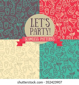 set of seamless patterns with cocktails and bottles of alcohol, cartoon style, vector illustration