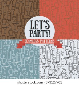 set of seamless patterns with cocktails and bottles of alcohol, retro colors, vector illustration
