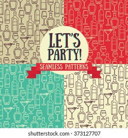 set of seamless patterns with cocktails and bottles of alcohol, retro colors, vector illustration