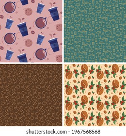 Set of seamless patterns with coffe elements. Beautiful textures in different styles.