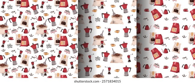 Set of Seamless patterns with coffee bag, moka pot, teapot, coffee grinder. Repeating texture with coffee accessories and tools. Barista tools. Coffee time. Suitable for textile, wallpaper, paper