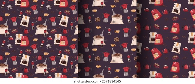 Set of Seamless patterns with coffee bag, moka pot, teapot, coffee grinder. Repeating texture with coffee accessories and tools. Barista tools. Coffee time. Suitable for textile, wallpaper, paper