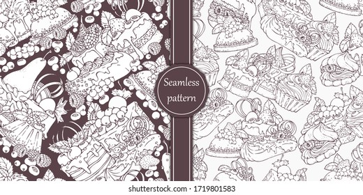Set seamless patterns with collection of  berry cakes, sweet pastries, desserts and berries. Hand-drawn background in vintage style.