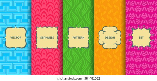 Set of seamless patterns. Collection of bright colorful vector backgrounds and labels. Monochrome geometric design.