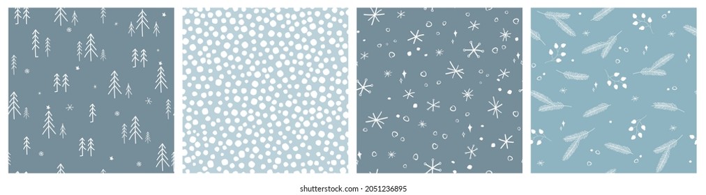 Un conjunto de patrones sin fisuras. La colección es una acogedora decoración de invierno con flores, un árbol de Navidad, bayas, decoraciones heladas, copos de nieve. Sencillo estilo escandinavo. Gráficos vectoriales.