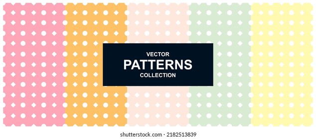 Conjunto de patrones sin fisuras. Colección de patrones sin fisuras en el fondo de diferentes colores. consiste en puntos de polka y cuadrados. Ilustración del vector