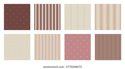 Set seamless patterns collection vintage brown beige pastel textures stripes hearts dots plaid textile backgrounds bundle fabric wallpaper wrapping paper decorative ornaments design pack
