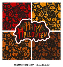 set of seamless patterns color icons for Halloween on a black background