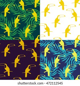 Set of seamless patterns with color toucans. Vector  background