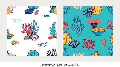 Set of seamless patterns with colored corals, seashells in doodle style. Collection of backgrounds with underwater flora for printing on fabrics, wallpaper, packaging paper. Cute vector illustration