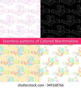 Set of seamless patterns with colored marshmallow, their outline on the white and colorful backgrounds 