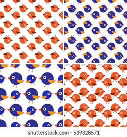 set of seamless patterns with colored purple, orange, blue birds