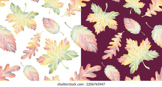 Set of seamless patterns with colorful autumn leaves on white and dark red backgrounds. Watercolor hand drawn illustration that can be used for wallpapers, print and surface design and wrapping