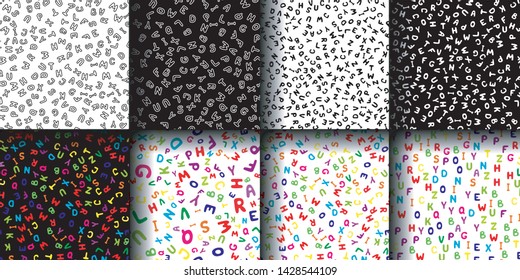 Set of  seamless patterns of colorful and black and white English letters.Vector illustration.